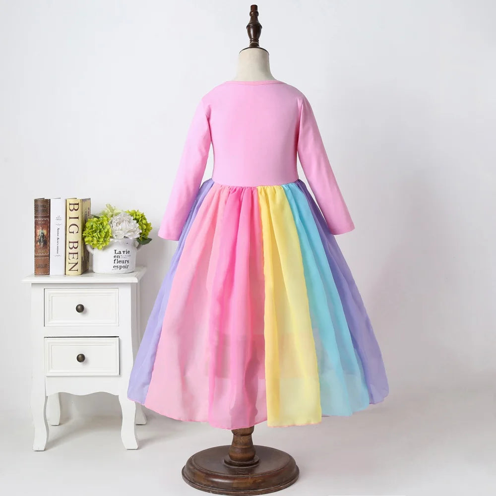 Rainbow Color Block Cotton Dress – Long Sleeve Party Dress for Girls | Fall & Winter Fashion (Ages 4–6) | Maison Verde