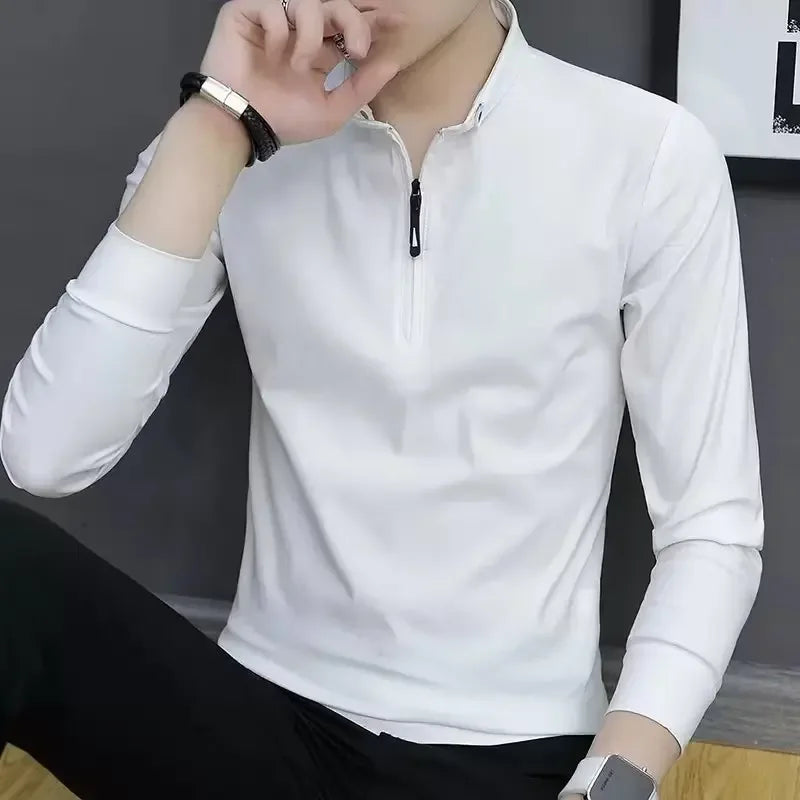 MaisonVerde® Men’s Stand Collar Zip Polo Shirt – Long Sleeve Korean Style Top | Casual Base Layer for Spring & Autumn