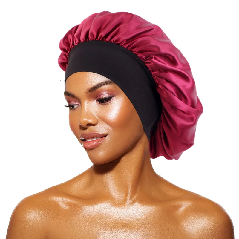 MaisonVerde® Unisex Satin Hair Bonnet – Wide-Brim Night Sleeping & Bathing Cap | Elastic Band Head Wrap for Hair Care & Protection