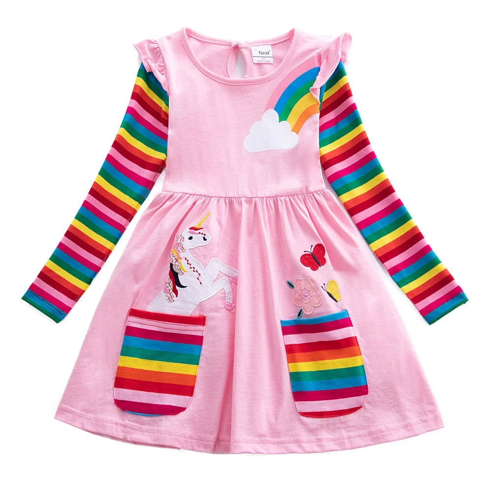 Girls' Long Sleeve Unicorn Dress – Embroidered Rainbow Pocket Dress for Autumn | Ages 2–12 | Maison Verde