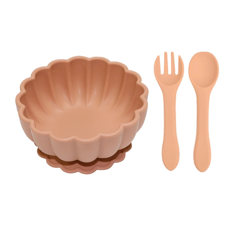 MaisonVerde® 3-Piece Silicone Baby Feeding Set – Suction Bowl with Fork & Spoon | BPA-Free, Non-Slip, Waterproof Tableware