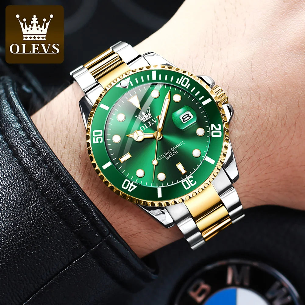 MaisonVerde® Men’s Luxury Quartz Watch – Green Dial, Stainless Steel Strap | Waterproof, Luminous Hands, Business & Casual Style (OLEVS 5885)