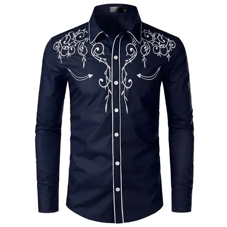 MaisonVerde® Men's Western Embroidered Denim Shirt – Casual Oversized Fit with Chinese-Inspired Detailing | Large Size Fashion Shirt