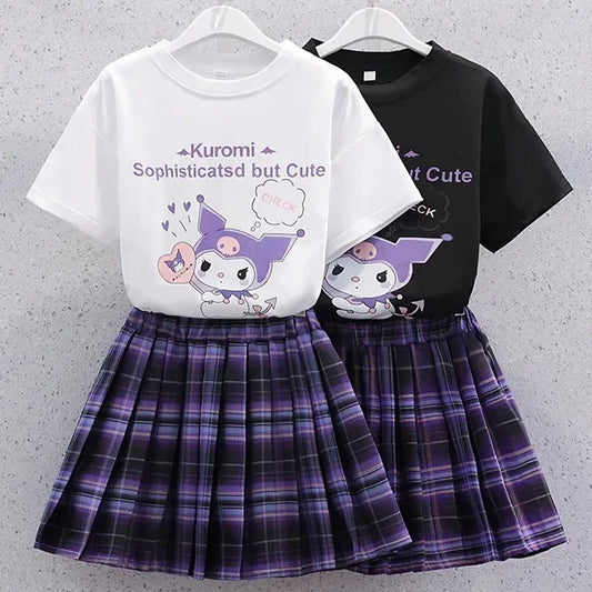 MaisonVerde® Sanrio Kuromi Kawaii Girls College Style Outfit – T‑Shirt & Pleated Skirt Set (Summer Collection)
