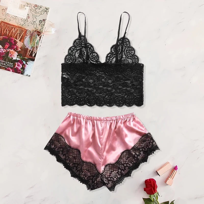 MaisonVerde® 2025 Summer Women’s Sexy Lace Pajama Set – See‑Through Suspender Top & Shorts (Black / Pink)
