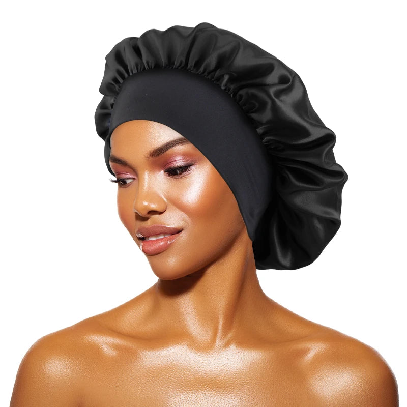 MaisonVerde® Unisex Satin Hair Bonnet – Wide-Brim Night Sleeping & Bathing Cap | Elastic Band Head Wrap for Hair Care & Protection