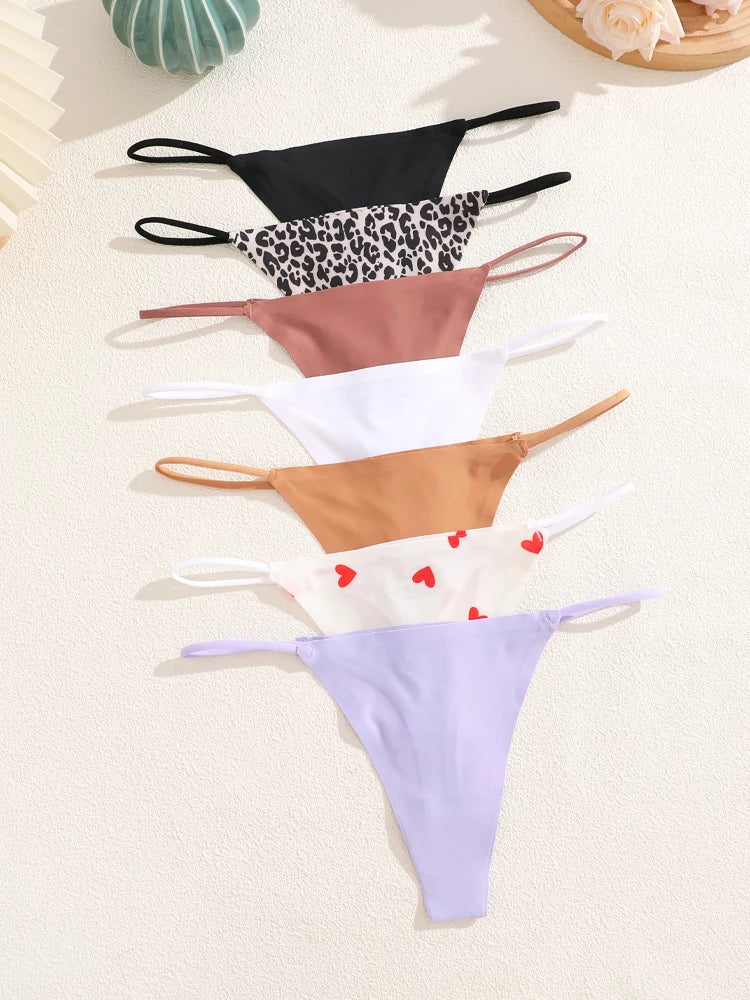 MaisonVerde® FINETOO 7-Pack Seamless Ice Silk Thongs – Low-Rise G-Strings in Leopard & Solid Prints | Stretchy, Breathable Women’s Underwear