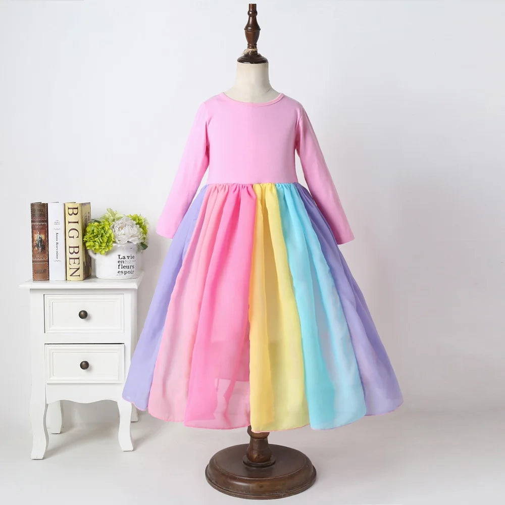 Rainbow Color Block Cotton Dress – Long Sleeve Party Dress for Girls | Fall & Winter Fashion (Ages 4–6) | Maison Verde