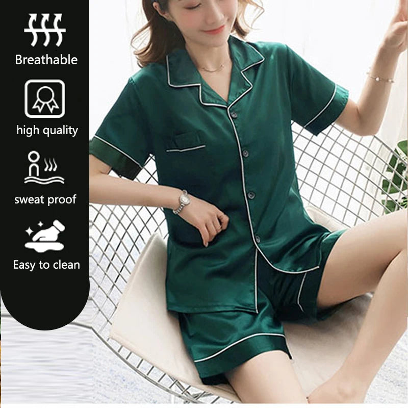 MaisonVerde® Women’s Ice Silk Pajama Set – Short Sleeve Button-Up Lapel Top & Shorts | Soft Korean-Inspired Summer Sleepwear