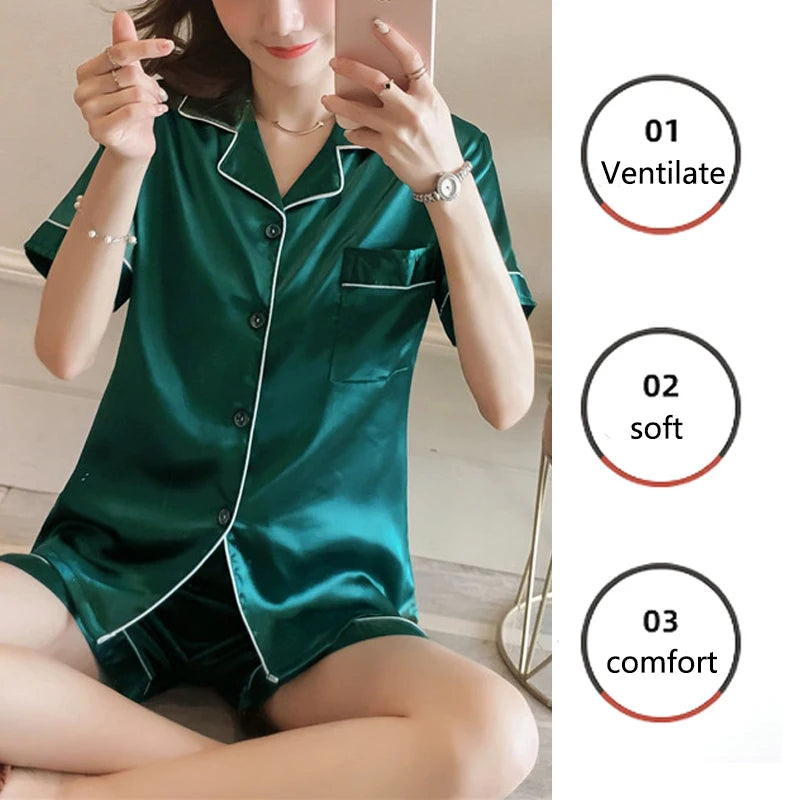 MaisonVerde® Women’s Ice Silk Pajama Set – Short Sleeve Button-Up Lapel Top & Shorts | Soft Korean-Inspired Summer Sleepwear