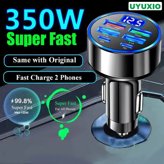 MaisonVerde® 6-in-1 USB-C Car Charger – 130W Super Fast PD & Quick Charge Adapter | Dual Port with Voltage Display for iPhone 15, Samsung, Huawei, OPPO, and More