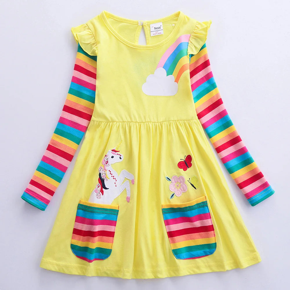 Girls' Long Sleeve Unicorn Dress – Embroidered Rainbow Pocket Dress for Autumn | Ages 2–12 | Maison Verde
