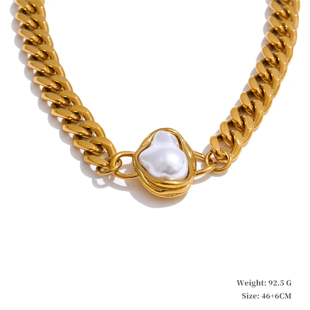 MaisonVerde® Baroque Pearl & Gold Chain Jewelry Set – Simulated Pearl Necklace & Earrings | PVD Gold Plated Stainless Steel Elegance