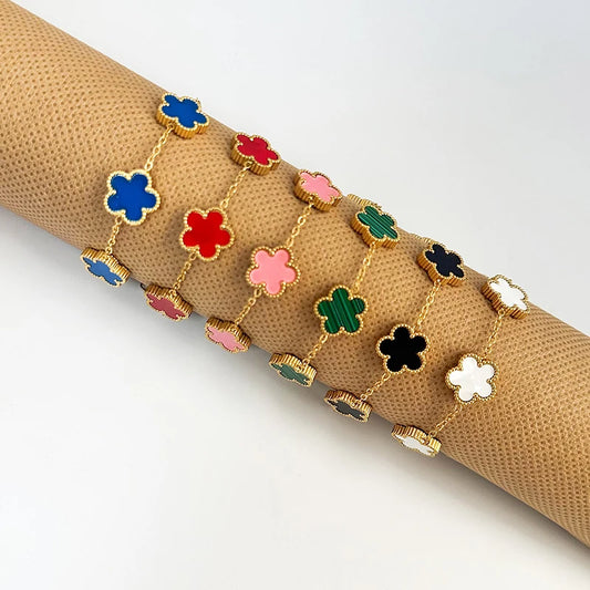 MaisonVerde® Five-Leaf Clover Bracelet – Gold Plated Stainless Steel, Double-Sided Floral Charm | Adjustable Women's Fashion Jewelry