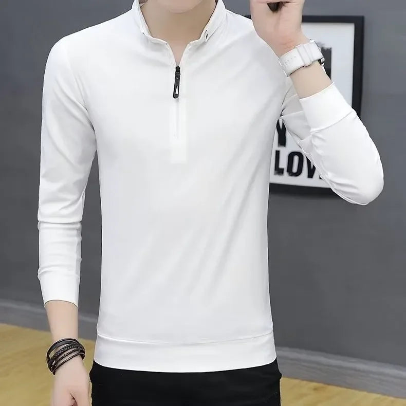 MaisonVerde® Men’s Stand Collar Zip Polo Shirt – Long Sleeve Korean Style Top | Casual Base Layer for Spring & Autumn