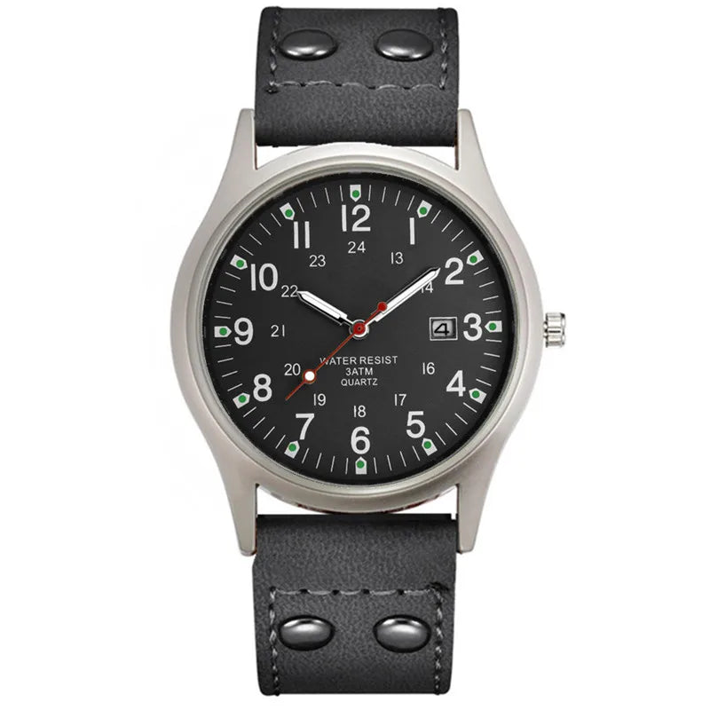 MaisonVerde® Men’s Casual Leather Quartz Watch – Black Military Sport Style with Date Display | Lightweight Student Gift Watch
