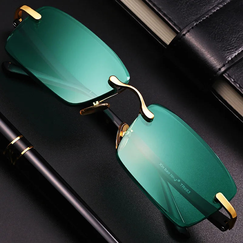 MaisonVerde® Square Rimless Sunglasses – Dark Green Crystal Lens | UV400 Retro Shades for Men & Women