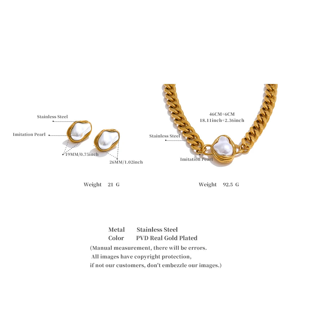 MaisonVerde® Baroque Pearl & Gold Chain Jewelry Set – Simulated Pearl Necklace & Earrings | PVD Gold Plated Stainless Steel Elegance