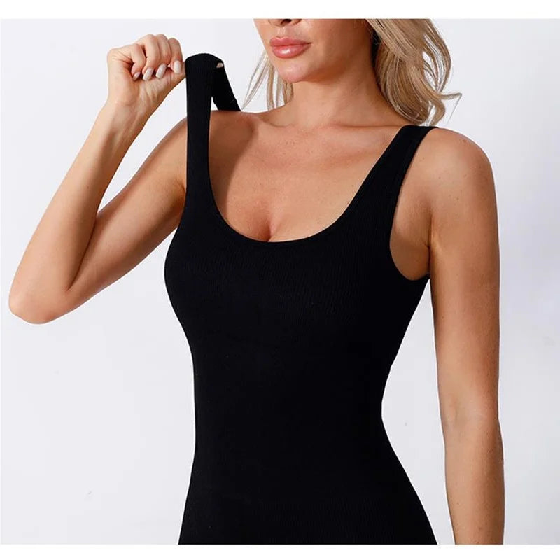 MaisonVerde® Summer Women’s Seamless Knit Yoga Jumpsuit – Square Collar Slim Fit Hip‑Lift Shorts One‑Piece