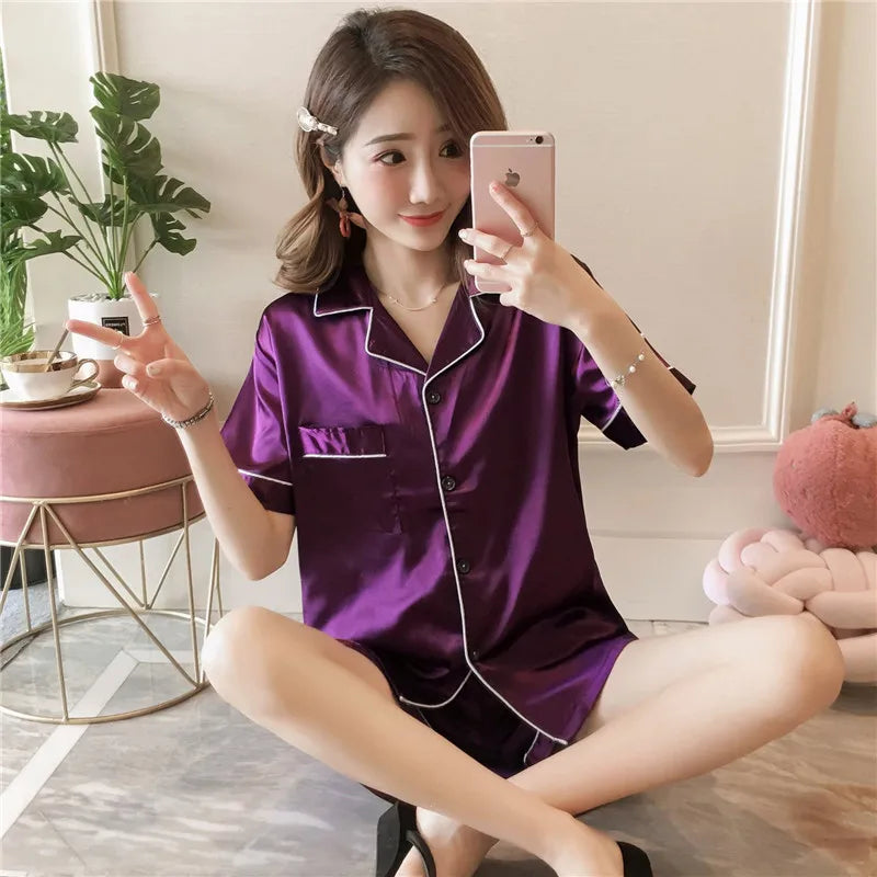 MaisonVerde® Women’s Ice Silk Pajama Set – Short Sleeve Button-Up Lapel Top & Shorts | Soft Korean-Inspired Summer Sleepwear