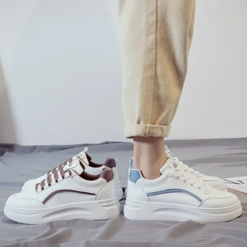 MaisonVerde® Women’s Casual Platform Sneakers – White PU Leather Lace-Up Flats | Comfortable Vulcanized Sole, Fashion Street Style