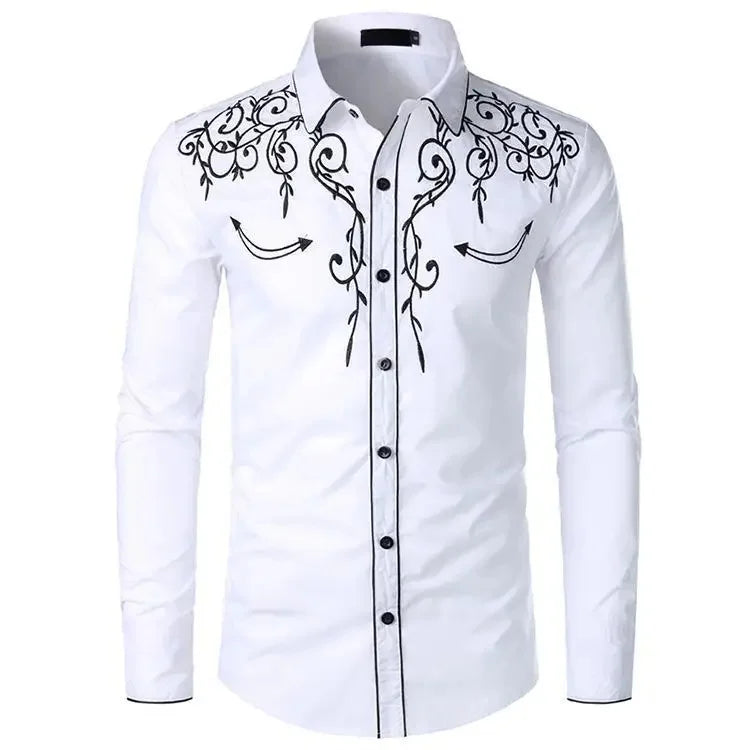 MaisonVerde® Men's Western Embroidered Denim Shirt – Casual Oversized Fit with Chinese-Inspired Detailing | Large Size Fashion Shirt
