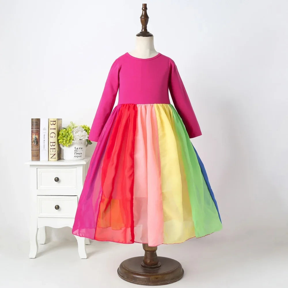 Rainbow Color Block Cotton Dress – Long Sleeve Party Dress for Girls | Fall & Winter Fashion (Ages 4–6) | Maison Verde