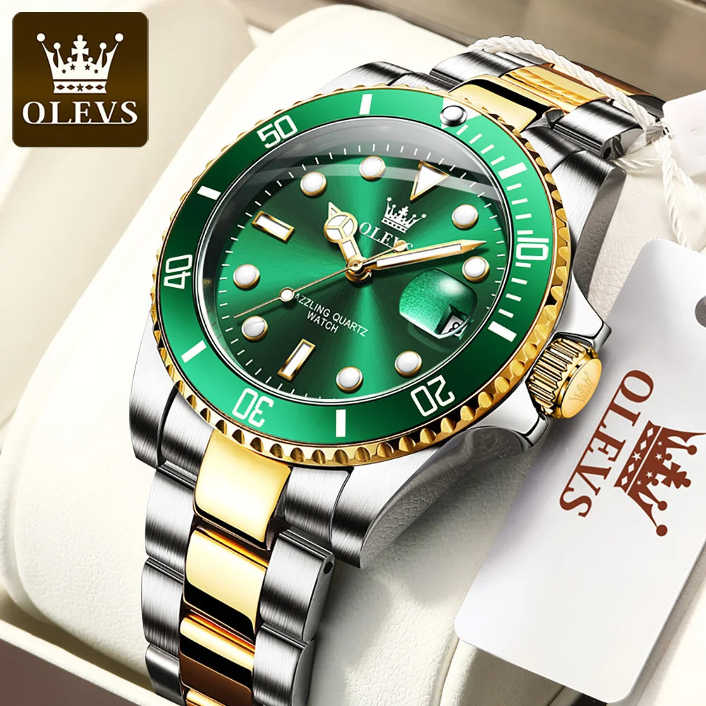 MaisonVerde® Men’s Luxury Quartz Watch – Green Dial, Stainless Steel Strap | Waterproof, Luminous Hands, Business & Casual Style (OLEVS 5885)