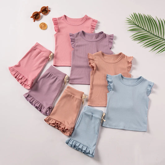 MaisonVerde® Girls’ 2-Piece Summer Outfit – Solid Colour Short Sleeve Top & Shorts | Soft and Comfortable Preschool Clothes (1–5 Years)