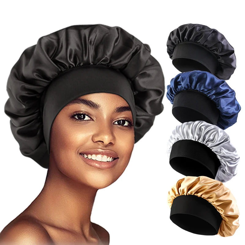 MaisonVerde® Unisex Satin Hair Bonnet – Wide-Brim Night Sleeping & Bathing Cap | Elastic Band Head Wrap for Hair Care & Protection