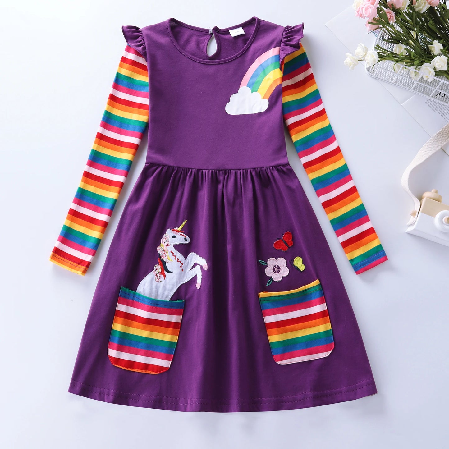 Girls' Long Sleeve Unicorn Dress – Embroidered Rainbow Pocket Dress for Autumn | Ages 2–12 | Maison Verde