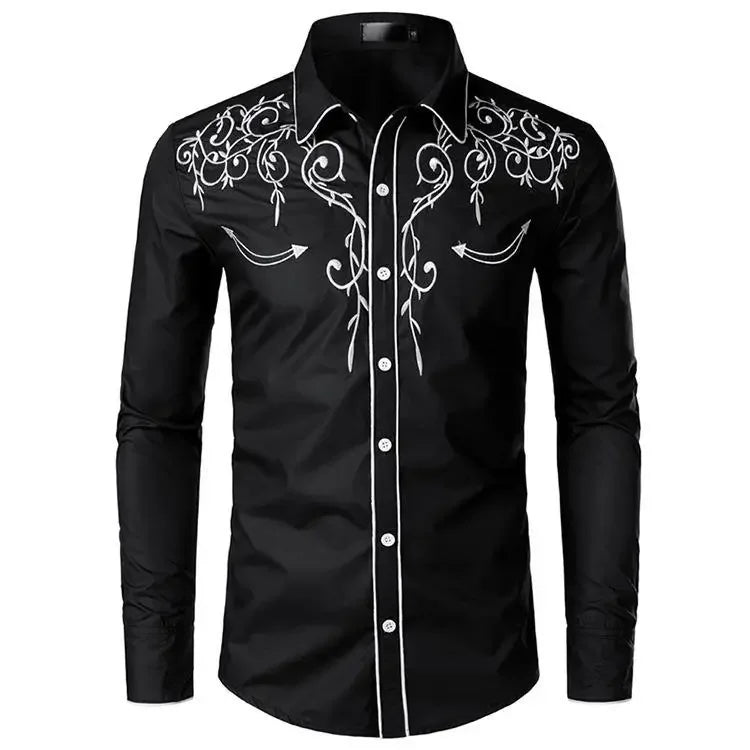 MaisonVerde® Men's Western Embroidered Denim Shirt – Casual Oversized Fit with Chinese-Inspired Detailing | Large Size Fashion Shirt