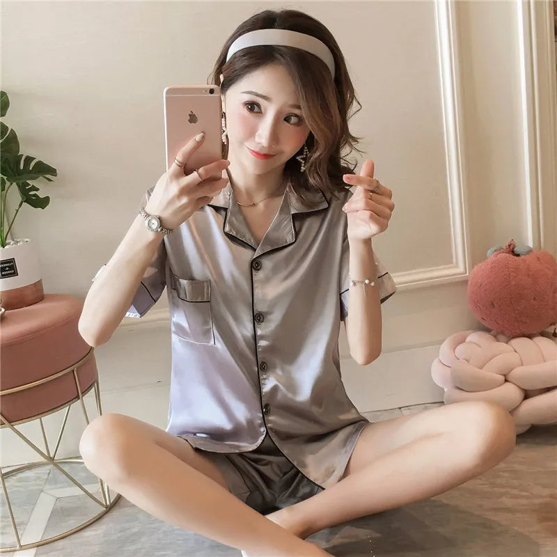 MaisonVerde® Women’s Ice Silk Pajama Set – Short Sleeve Button-Up Lapel Top & Shorts | Soft Korean-Inspired Summer Sleepwear