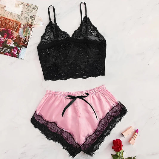 MaisonVerde® 2025 Summer Women’s Sexy Lace Pajama Set – See‑Through Suspender Top & Shorts (Black / Pink)