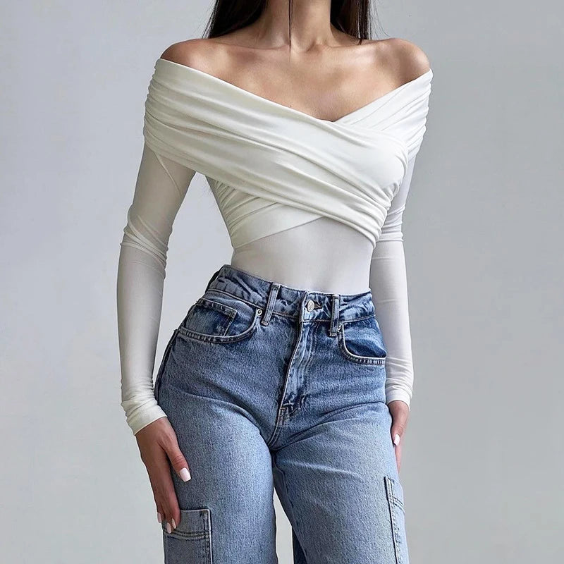 Autumn new 2024 sexy and fashionable V-neck off shoulder patchwork long sleeved slim fit versatile casual jumpsuit for womanAutumn 2024 Sexy V‑Neck Off‑Shoulder Patchwork Long Sleeve Slim Fit Jumpsuit for Women