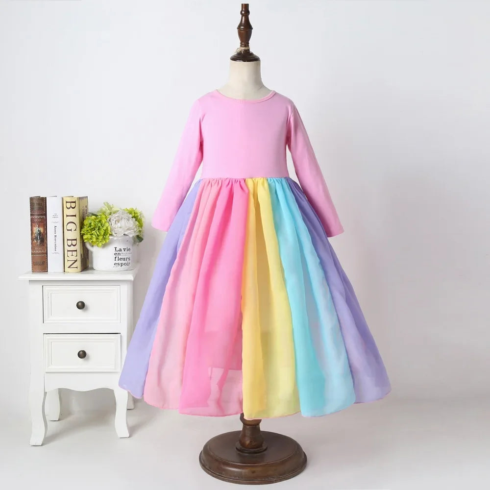 Rainbow Color Block Cotton Dress – Long Sleeve Party Dress for Girls | Fall & Winter Fashion (Ages 4–6) | Maison Verde