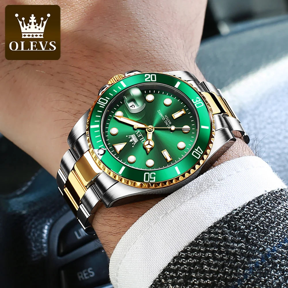 MaisonVerde® Men’s Luxury Quartz Watch – Green Dial, Stainless Steel Strap | Waterproof, Luminous Hands, Business & Casual Style (OLEVS 5885)