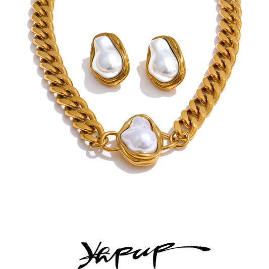 MaisonVerde® Baroque Pearl & Gold Chain Jewelry Set – Simulated Pearl Necklace & Earrings | PVD Gold Plated Stainless Steel Elegance