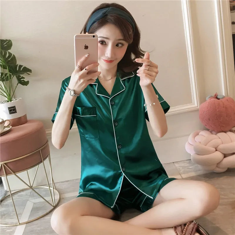 MaisonVerde® Women’s Ice Silk Pajama Set – Short Sleeve Button-Up Lapel Top & Shorts | Soft Korean-Inspired Summer Sleepwear