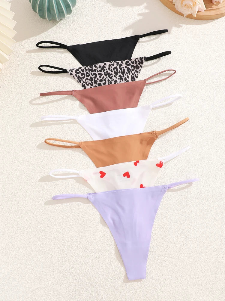 MaisonVerde® FINETOO 7-Pack Seamless Ice Silk Thongs – Low-Rise G-Strings in Leopard & Solid Prints | Stretchy, Breathable Women’s Underwear