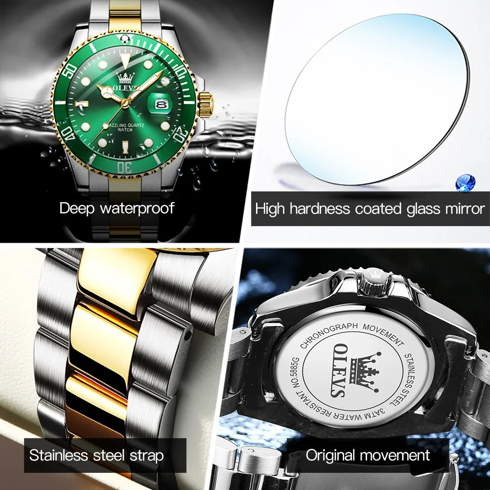 MaisonVerde® Men’s Luxury Quartz Watch – Green Dial, Stainless Steel Strap | Waterproof, Luminous Hands, Business & Casual Style (OLEVS 5885)