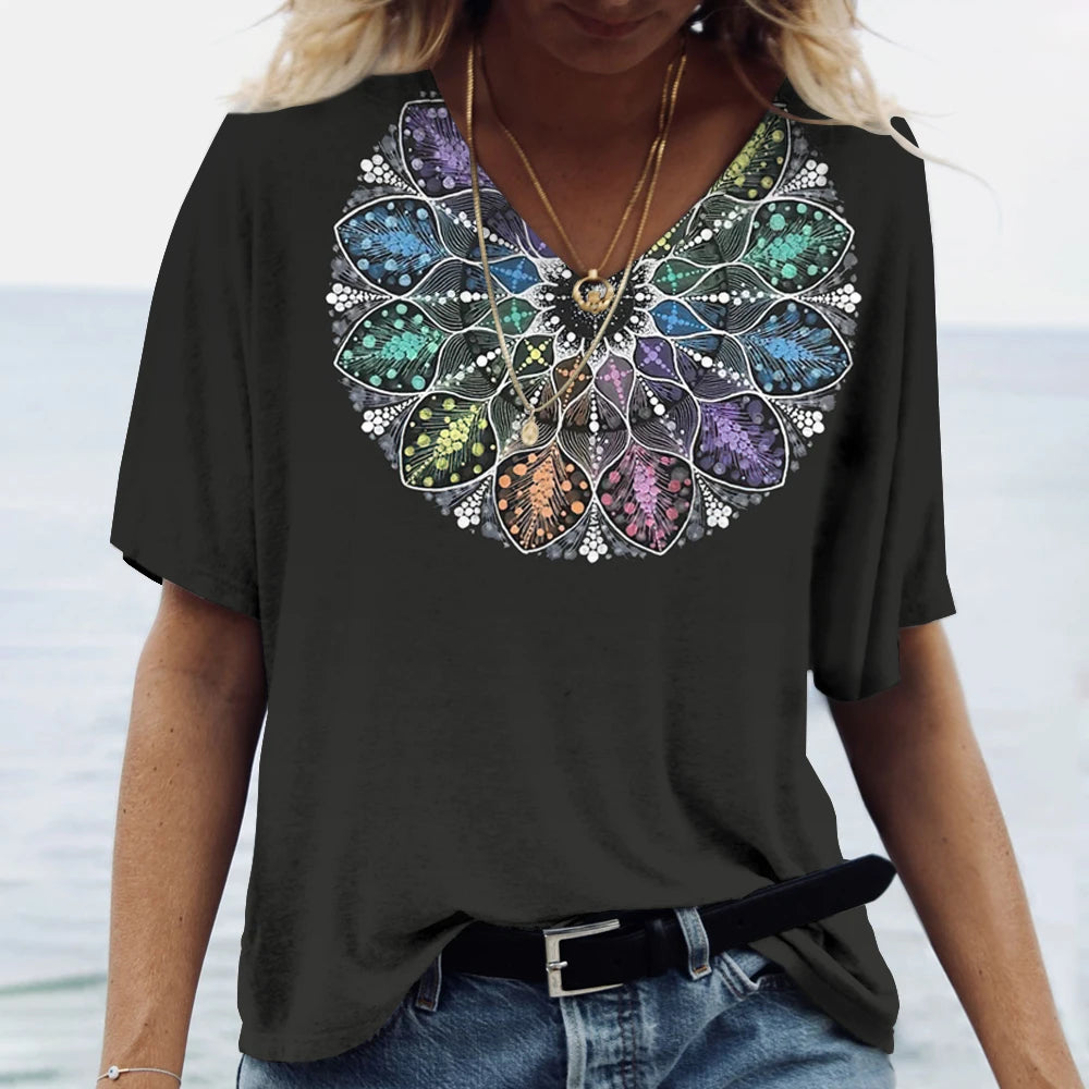 MaisonVerde® Women's Oversized 3D Floral Gradient T-Shirt – V-Neck Harajuku Summer Tee with Short Sleeves | Casual Stretch Jersey Top