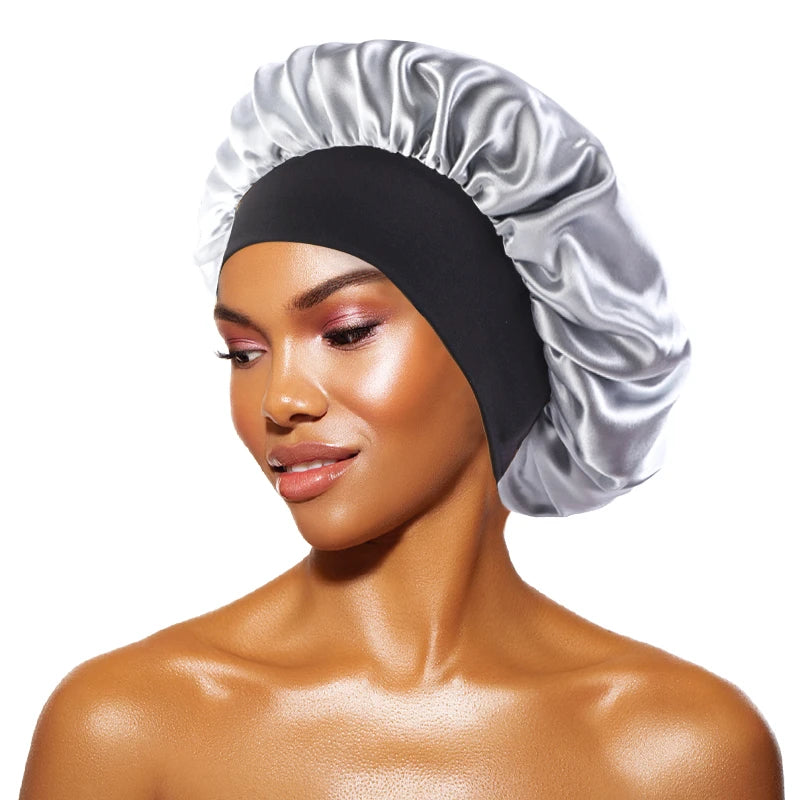 MaisonVerde® Unisex Satin Hair Bonnet – Wide-Brim Night Sleeping & Bathing Cap | Elastic Band Head Wrap for Hair Care & Protection
