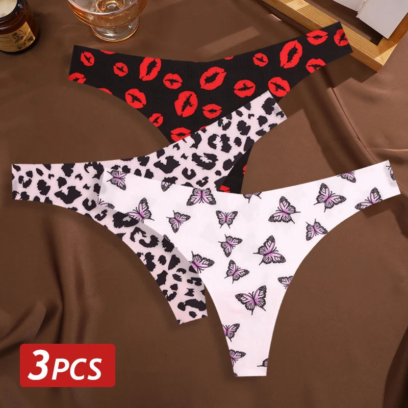 MaisonVerde® 3-Pack Ice Silk G-String Panties – Seamless Low-Rise Thongs for Women | Leopard & Butterfly Print Breathable Lingerie