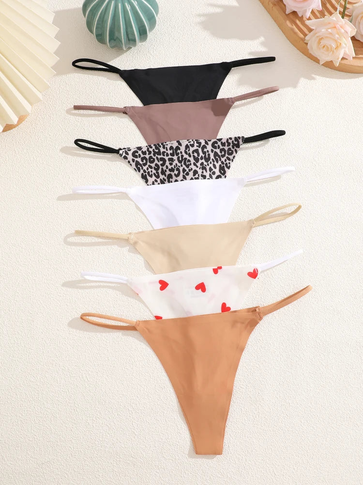 MaisonVerde® FINETOO 7-Pack Seamless Ice Silk Thongs – Low-Rise G-Strings in Leopard & Solid Prints | Stretchy, Breathable Women’s Underwear