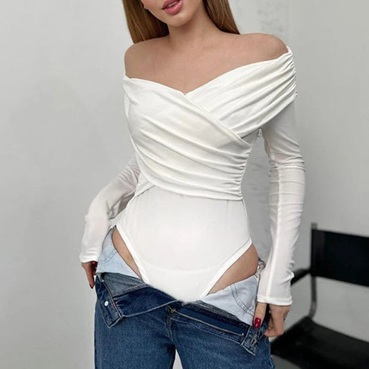 Autumn new 2024 sexy and fashionable V-neck off shoulder patchwork long sleeved slim fit versatile casual jumpsuit for womanAutumn 2024 Sexy V‑Neck Off‑Shoulder Patchwork Long Sleeve Slim Fit Jumpsuit for Women