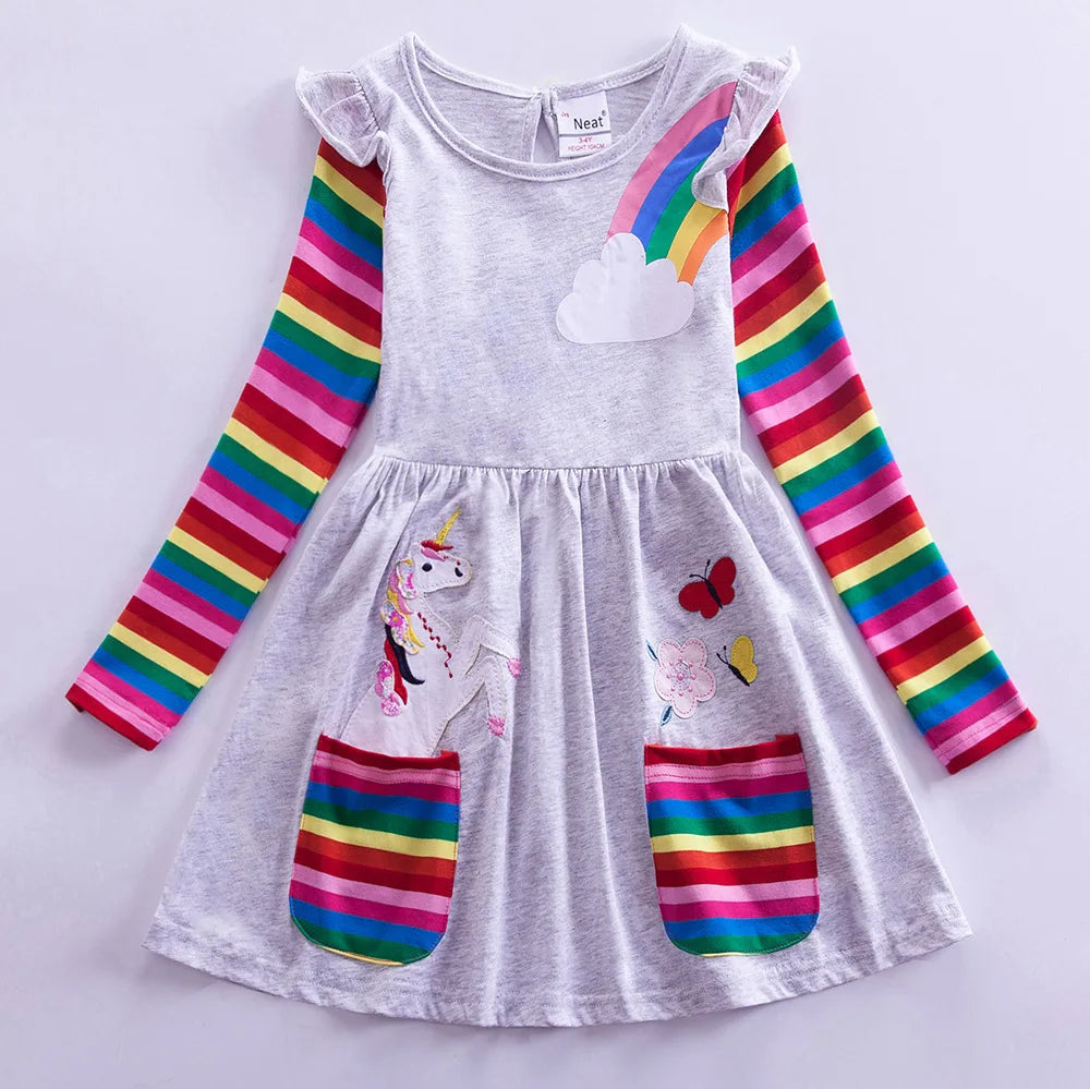 Girls' Long Sleeve Unicorn Dress – Embroidered Rainbow Pocket Dress for Autumn | Ages 2–12 | Maison Verde