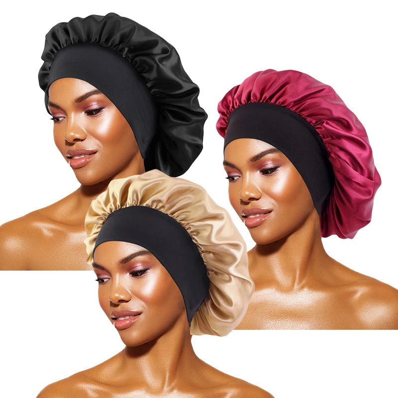 MaisonVerde® Unisex Satin Hair Bonnet – Wide-Brim Night Sleeping & Bathing Cap | Elastic Band Head Wrap for Hair Care & Protection