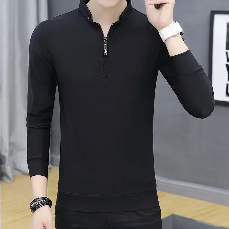 MaisonVerde® Men’s Stand Collar Zip Polo Shirt – Long Sleeve Korean Style Top | Casual Base Layer for Spring & Autumn