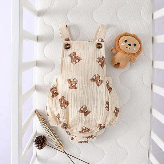 MaisonVerde® Baby Girl Sleeveless Bear Romper – Summer Cotton Jumpsuit for 0–12 Months | Soft Daily Outfit for Newborns & Infants